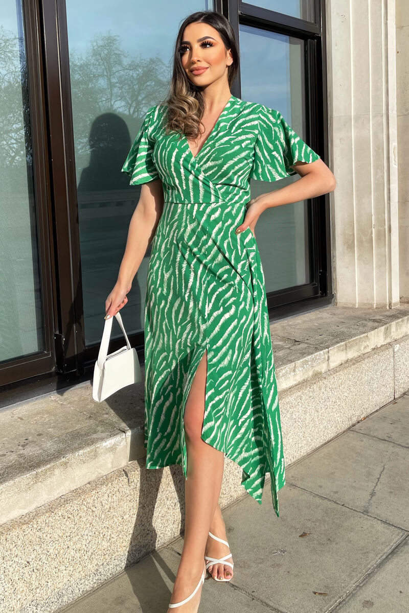 Gretta Green and White Animal Print Midi Dress